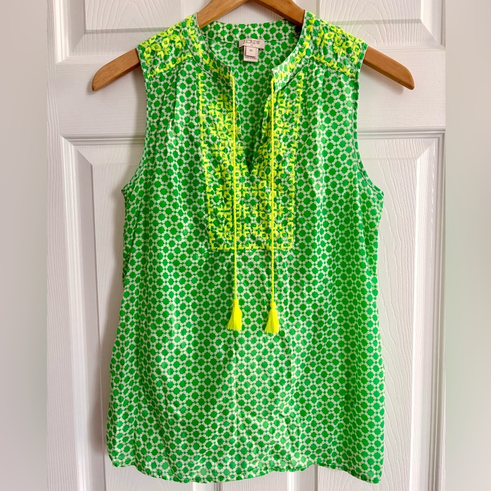 J. Crew Vibrant Summer 100% Cotton Green and Yellow Patterned Blouse